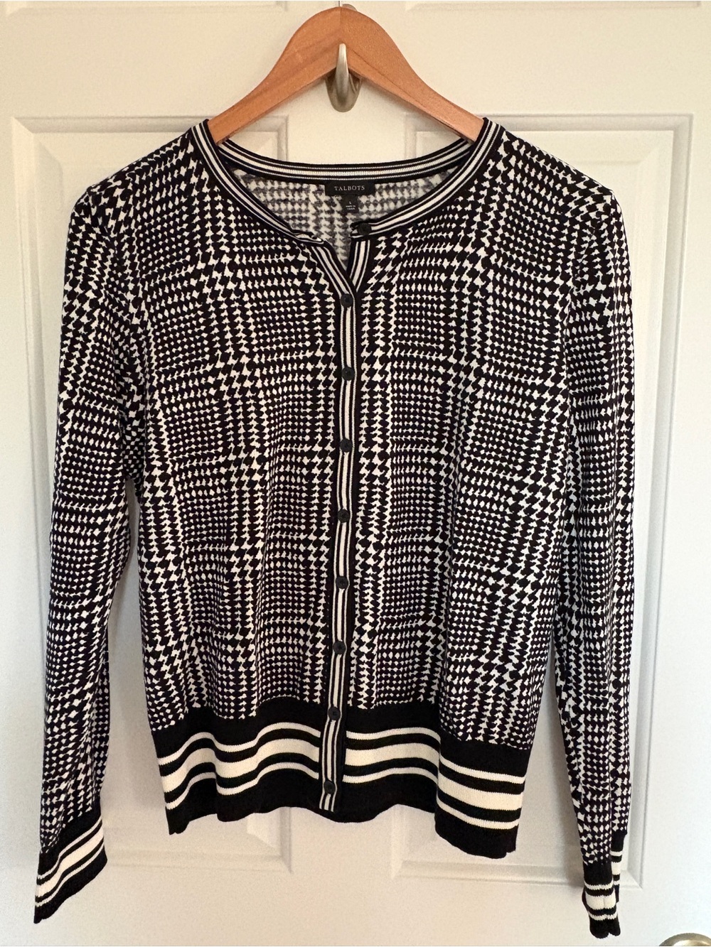 Talbots Small Black and White Cardigan Sweater Cotton Blend